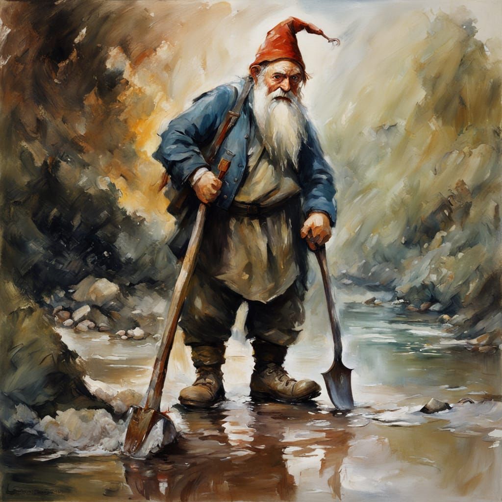 Gnome with Pickaxe in Fluid Gouache Style