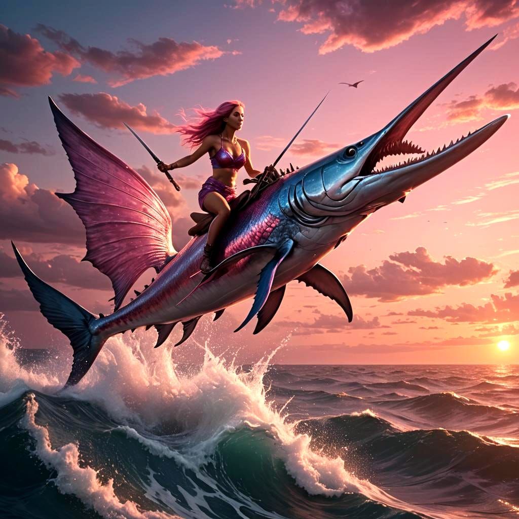 Mermaid Riding Swordfish at Sunset: Digital Matte Painting