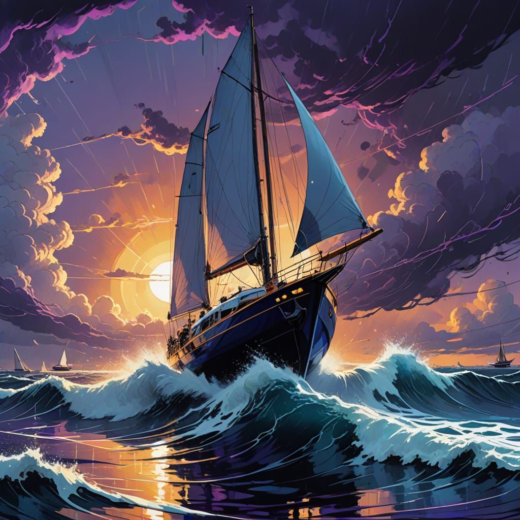 Sailboat in Storm: Digital Art Concept in Feng Zhu Style