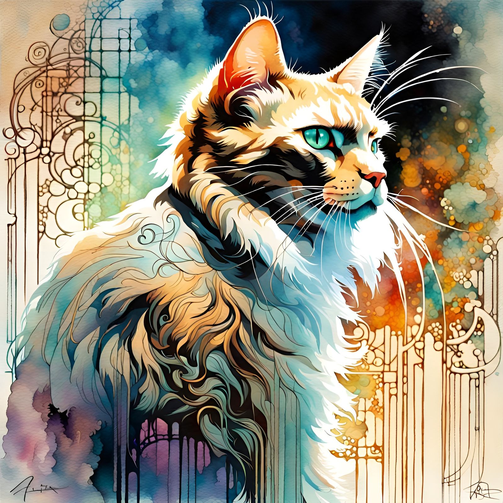 Art Nouveau Cat in Watercolor Style