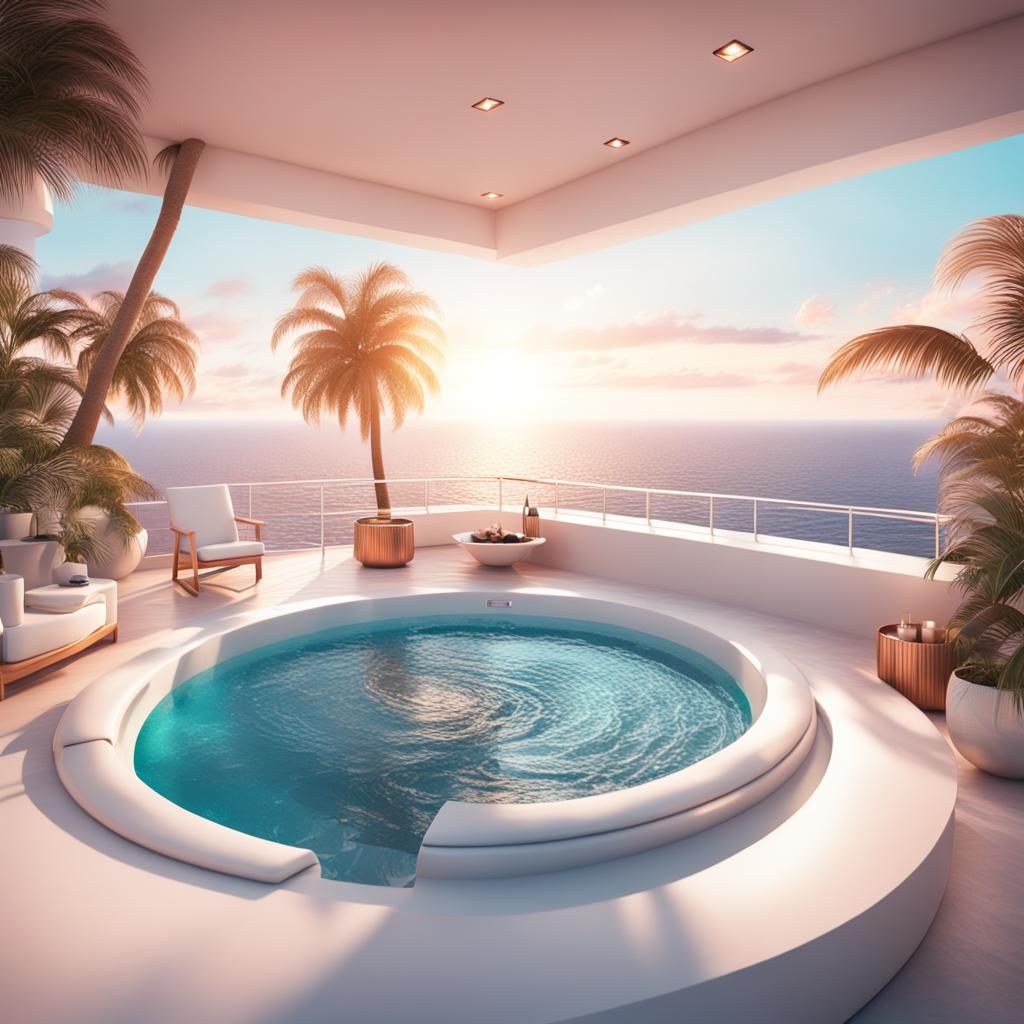 Rose Gold Jacuzzi on Modern Terrace, 3D Digital Art