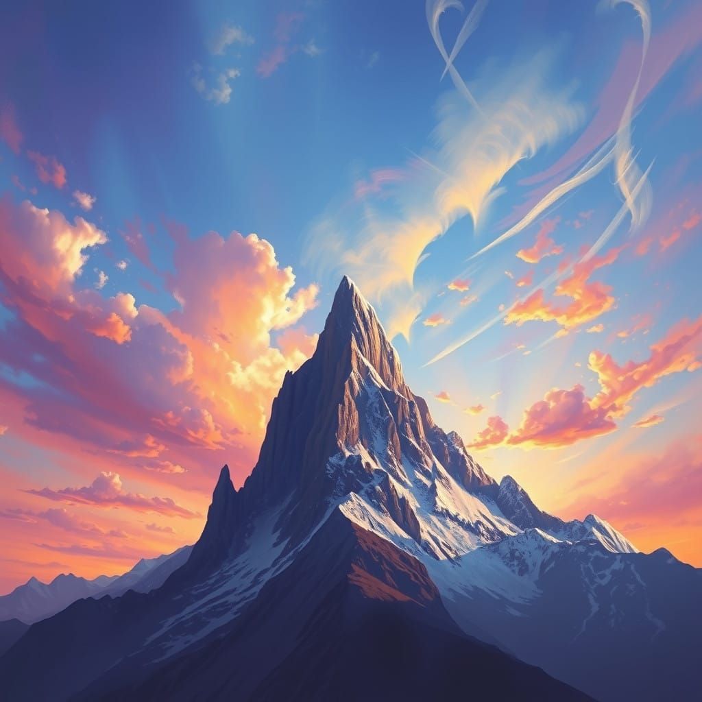 Majestic Mountain with Serrated Fang Peak in Vibrant Sky