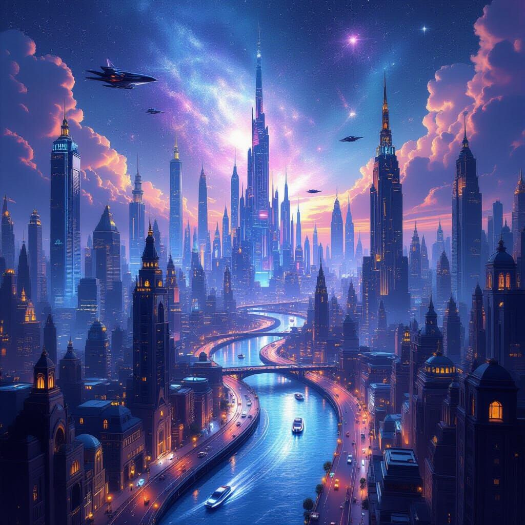 Enchanting 3D Cityscape with Cosmic Sky