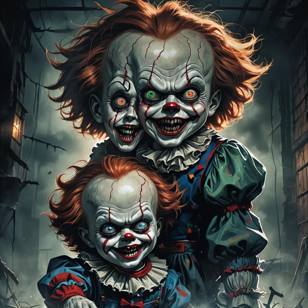 Grotesque Chucky/Pennywise Hybrid in Gothic Digital Art