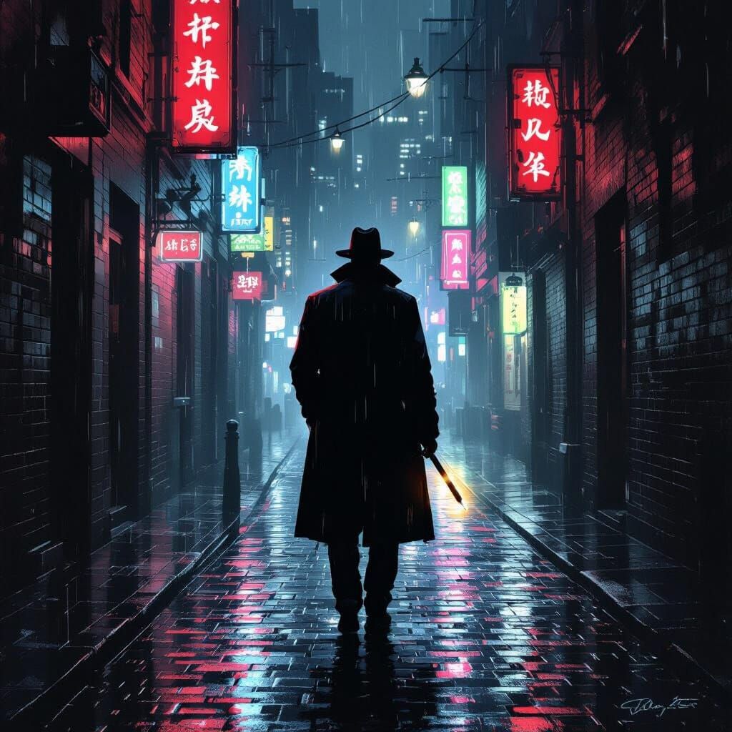 Detective in Neon Alleyway, Film Noir Digital Painting