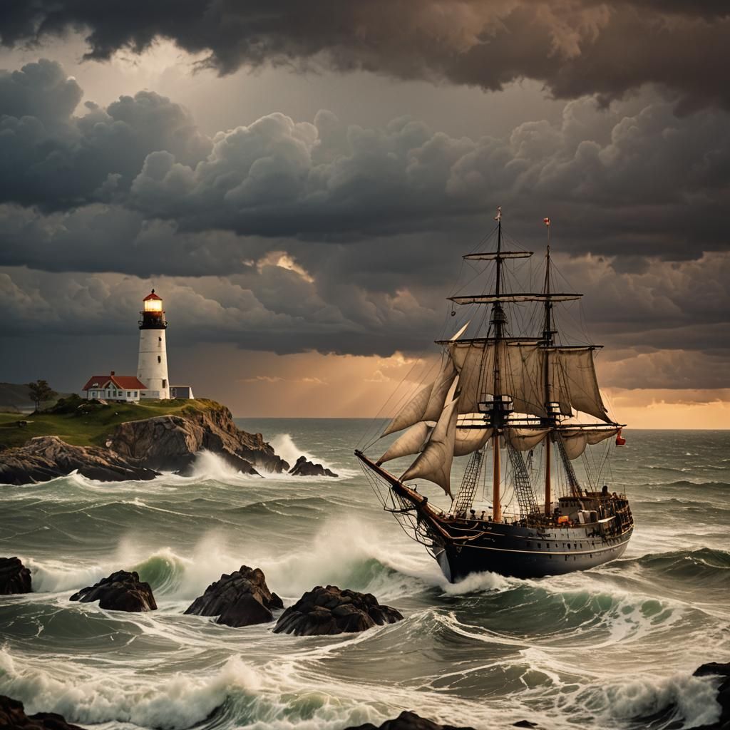 Stormy Seas: Historic Ship at Night, Golden Hour