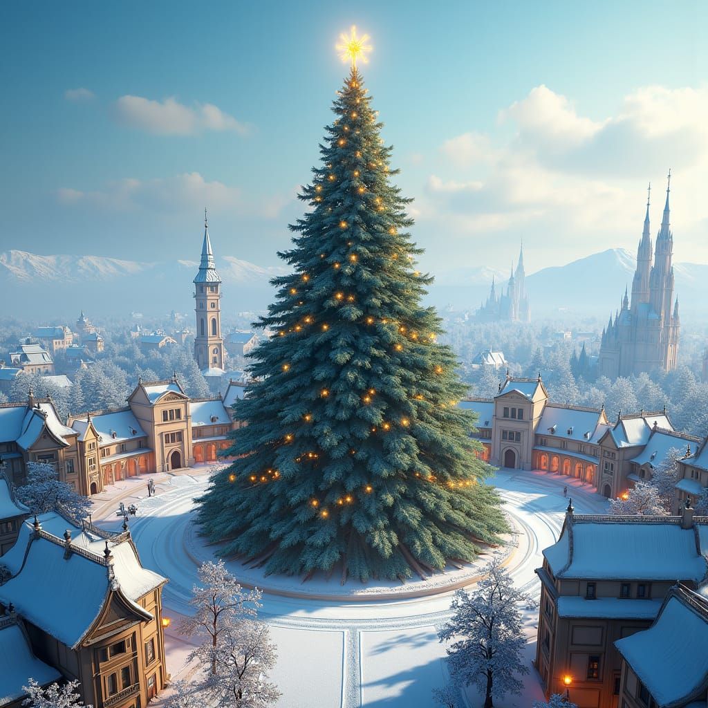 Majestic Christmas Tree Over Winter Cityscape in Matte Paint...
