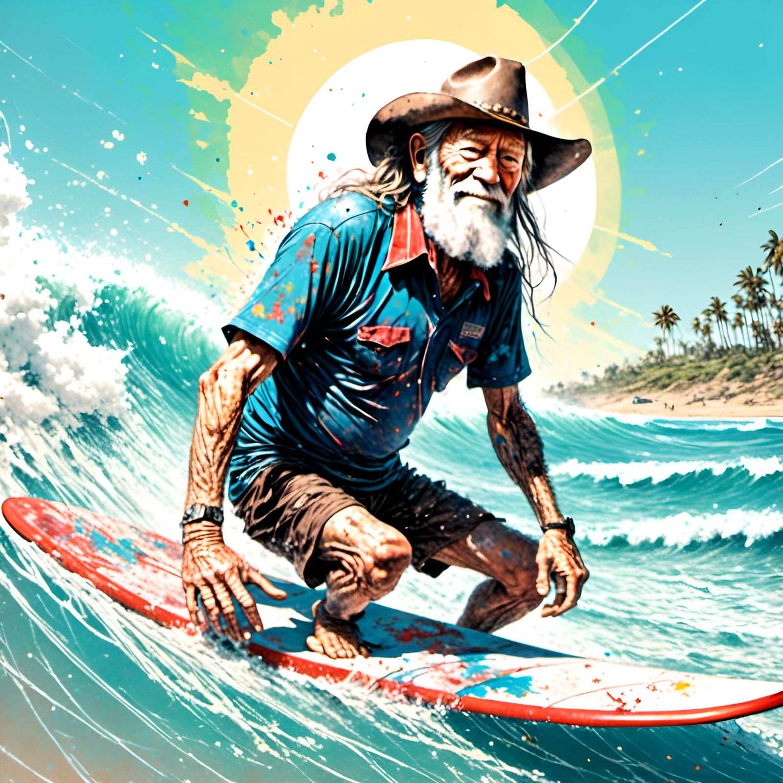 Willie Nelson Surfing: Digital Graffiti Illustration