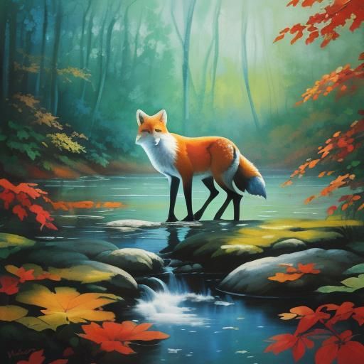 Fox Family at Lake: Impressionist Watercolor Painting