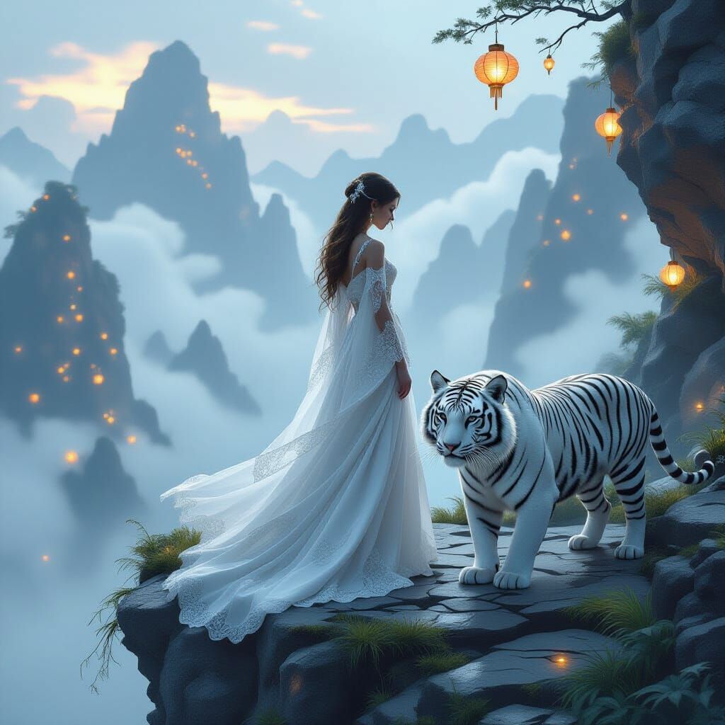 Ethereal Girl and Tiger on Misty Cliff