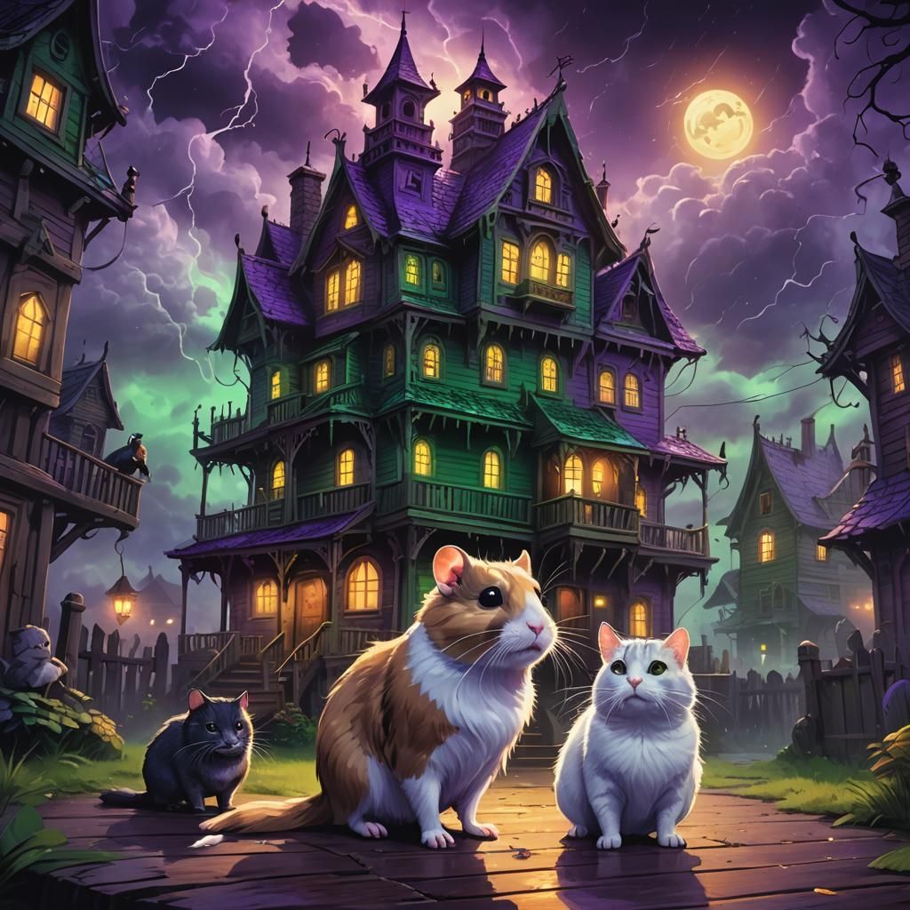 Hamster and Cat at Haunted House in Dark Fantasy Style