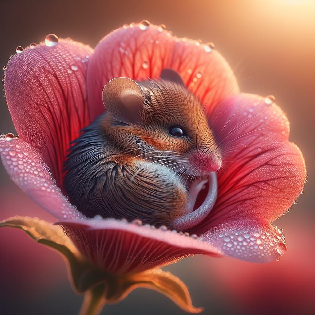 Adorable Baby Mouse Curled in Flower Petal at Dawn