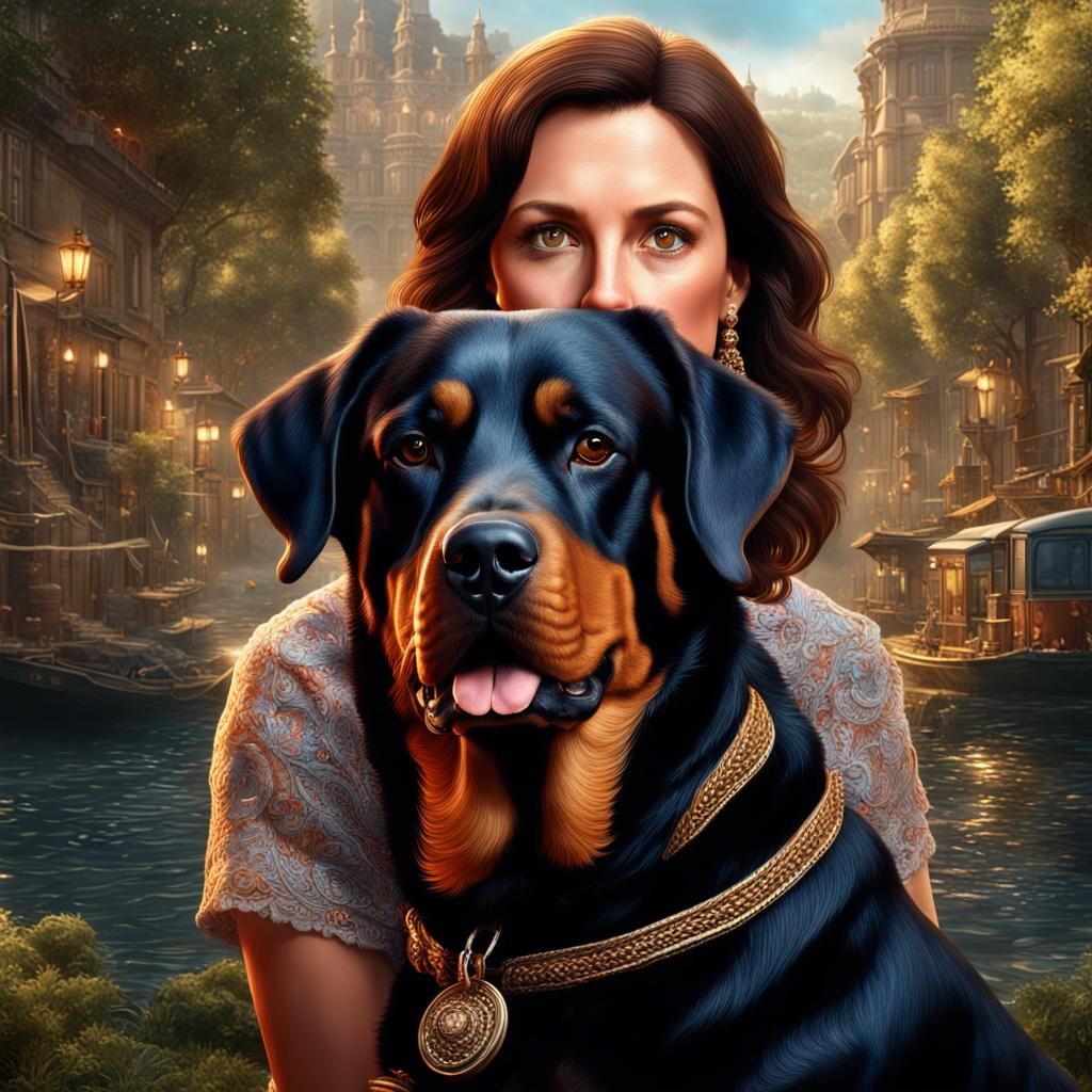 Hyperrealistic Portrait of Woman with Rottweiler