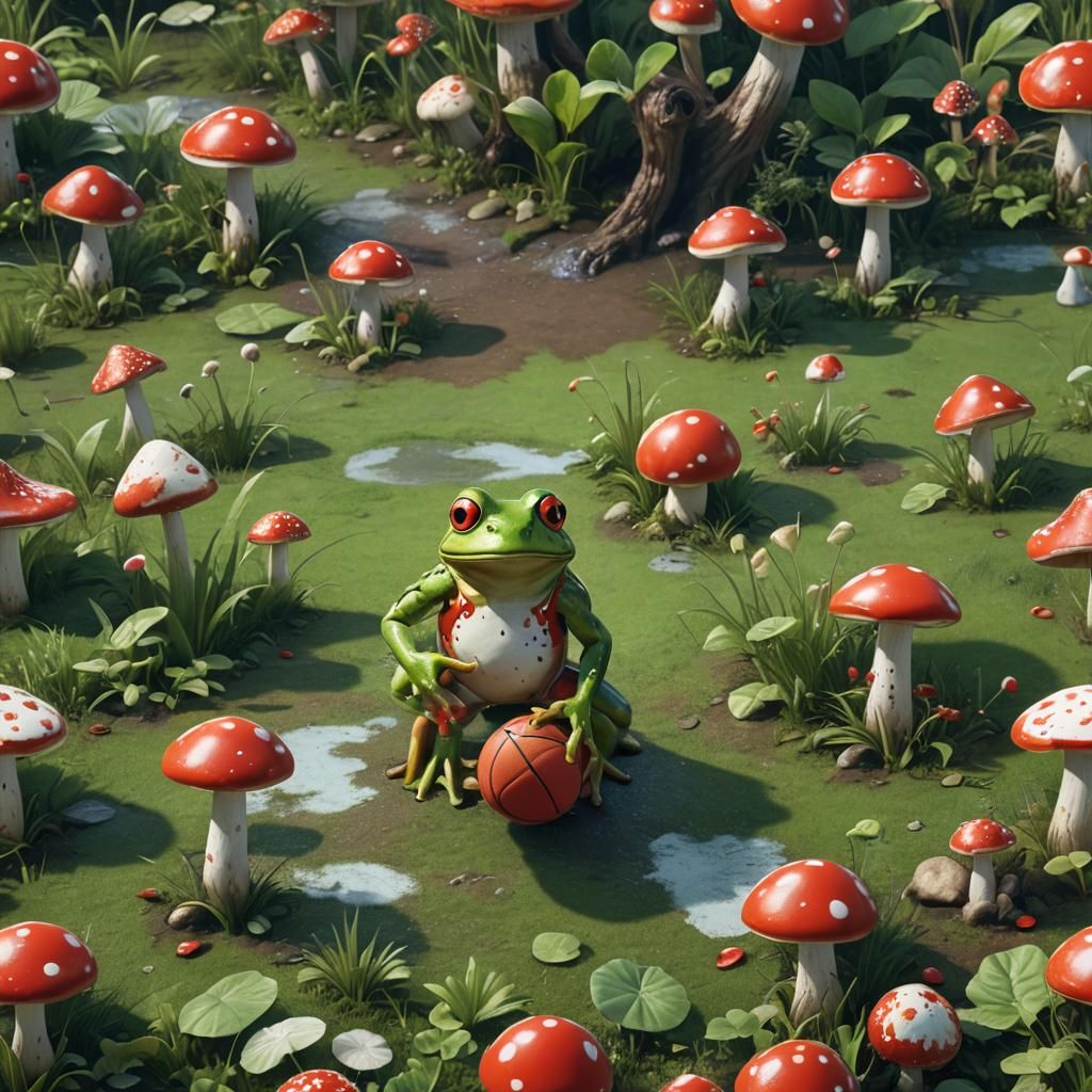Frog Playing Basketball with Mushroom, Fantasy Art