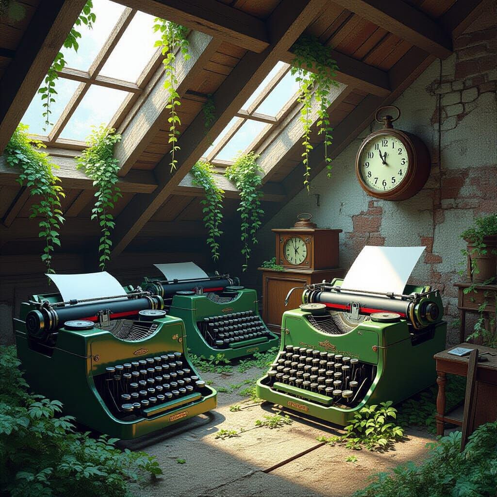 Greenery Overgrowing Machinery in Abandoned Attic