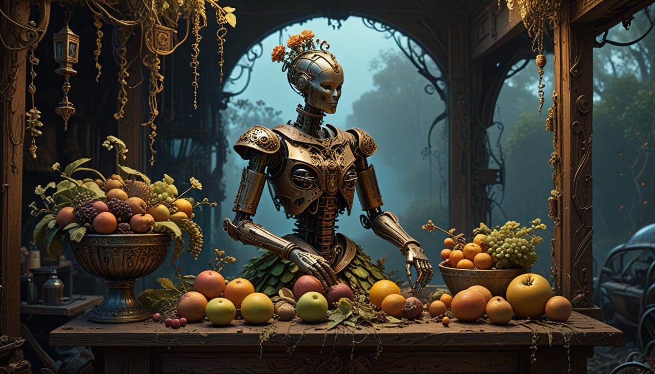 Damaged Automaton Arranges Fruit at Dawn, Rembrandt Lighting