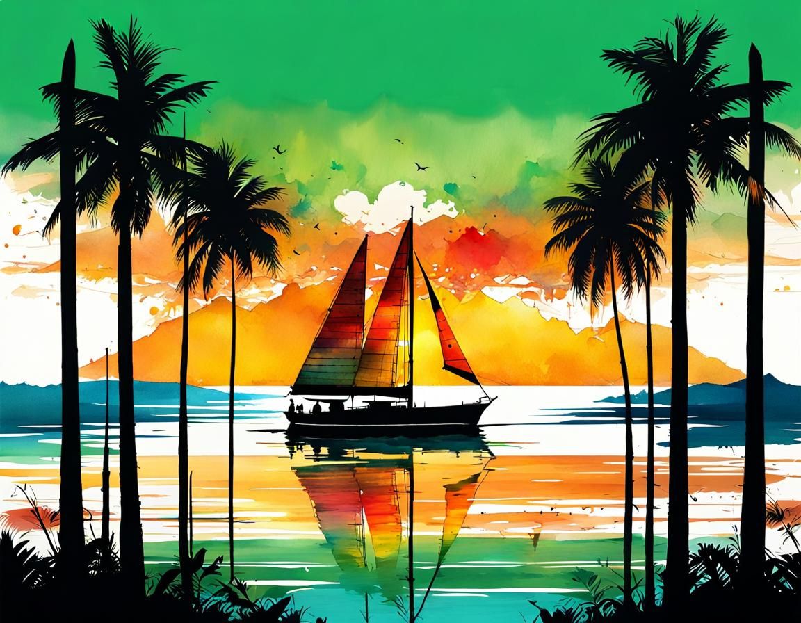 Tropical Island Sunset in Watercolor Splash Art