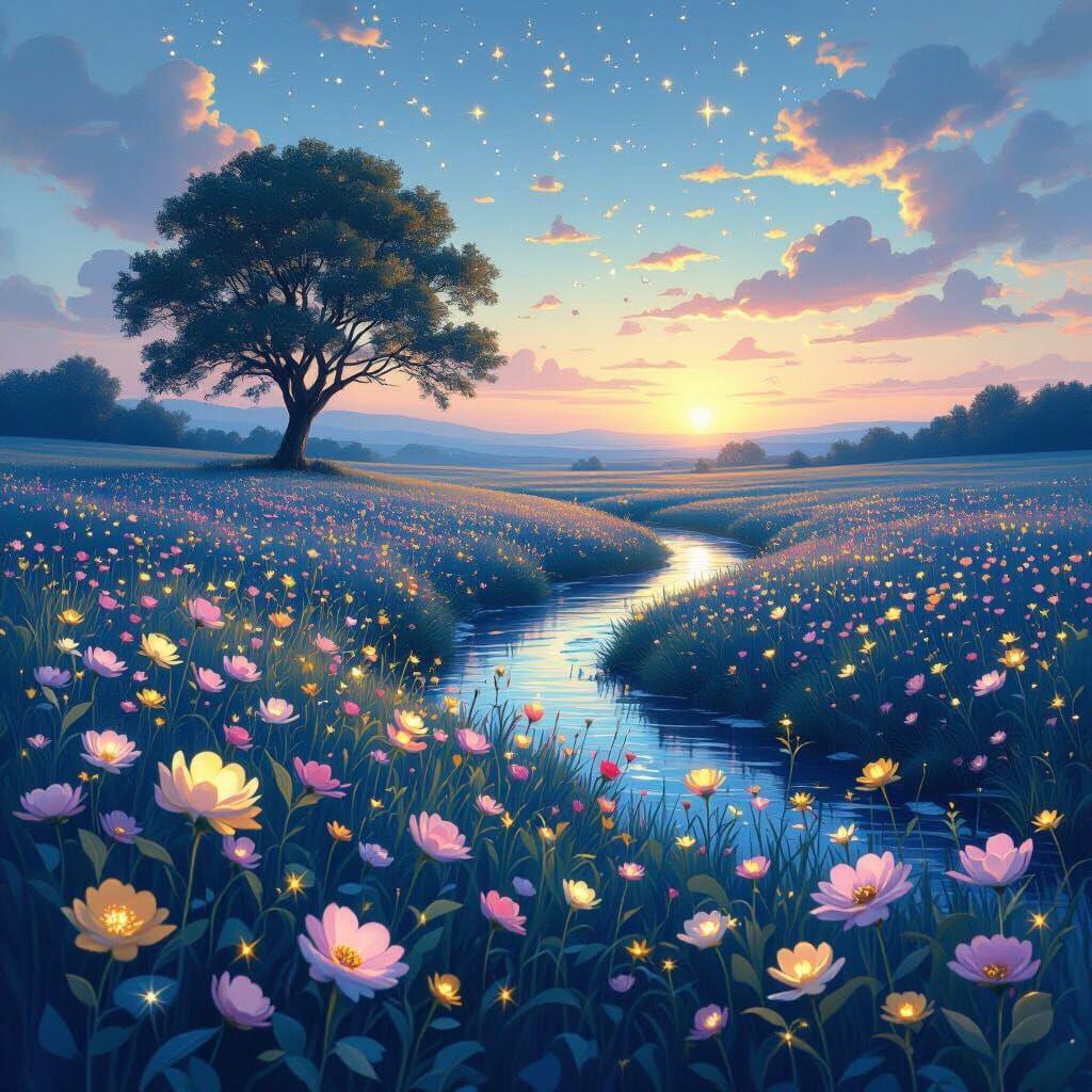 Ethereal Meadow: Sapphire Brush and Constellation Tree