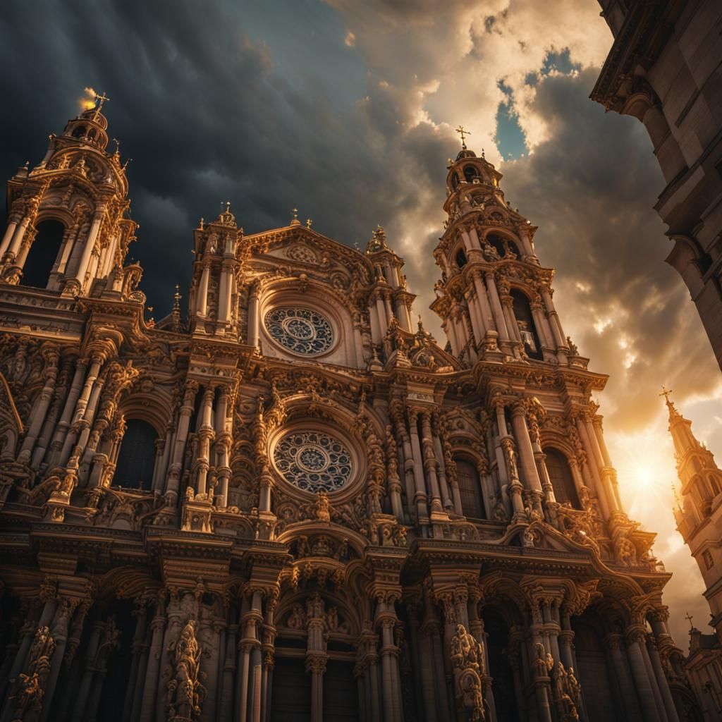 Ornate Cathedral in Baroque Style with Golden Light