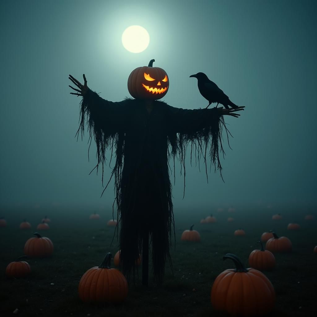 Dramatic Scarecrow with Pumpkin Head in Moonlight