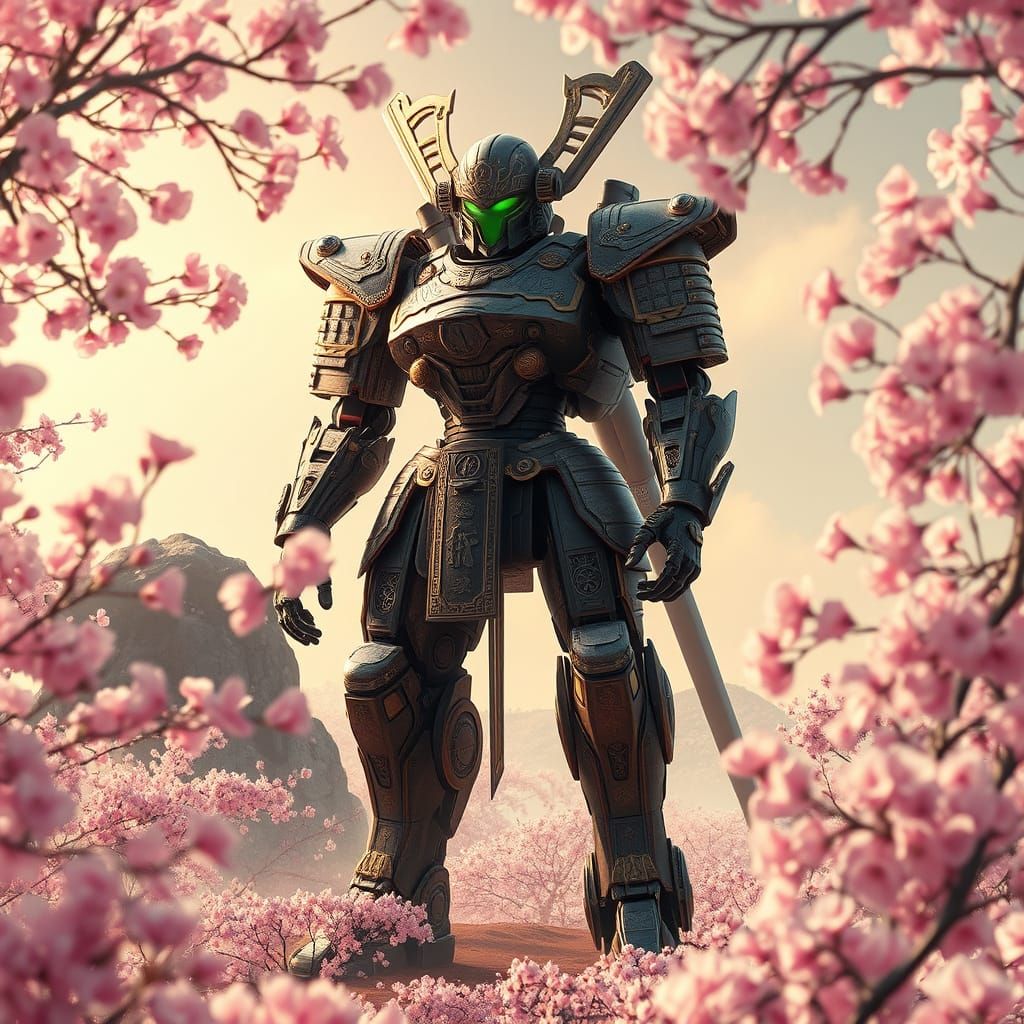 Cyberpunk Samurai Mecha Amidst Cherry Blossoms