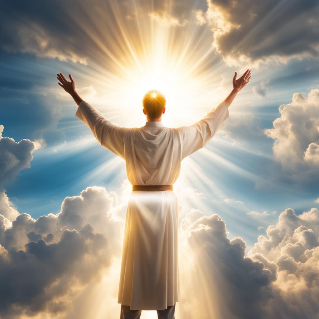 God welcomes young man bright light and clouds in background