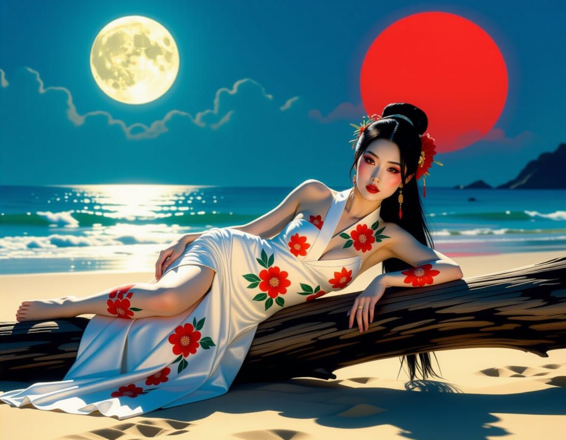 East Asian Woman with Floral Body Paint on Moonlit Beach