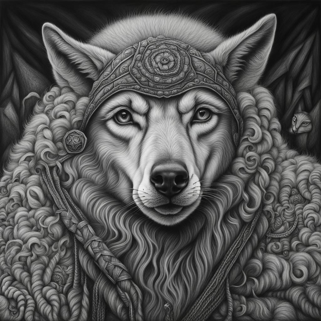 Hyperdetailed Charcoal Drawing of Wolf in Sheep's Clothing