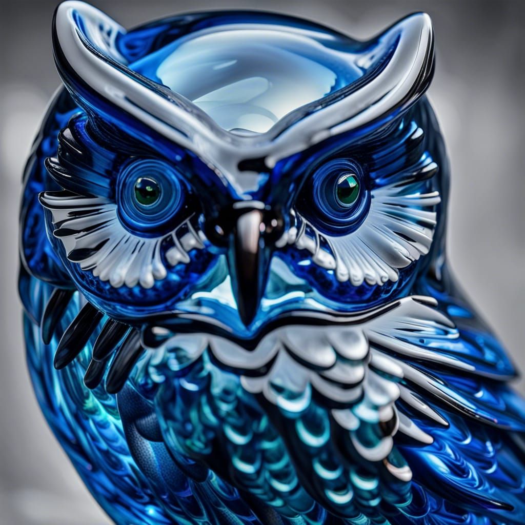 Hyperrealistic Blown Glass Owl Statue in HDR