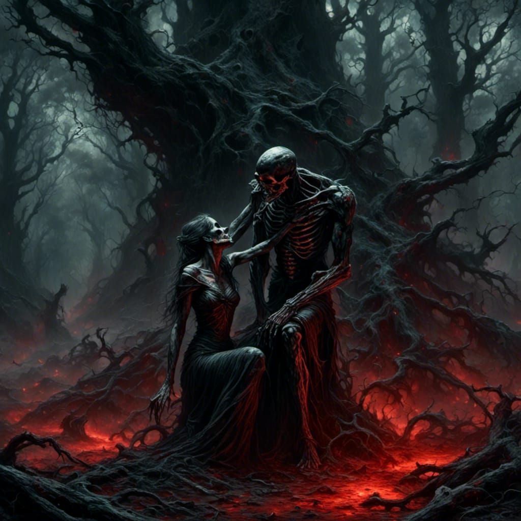 Sinister Kiss Under Blood Moon in Decaying Forest