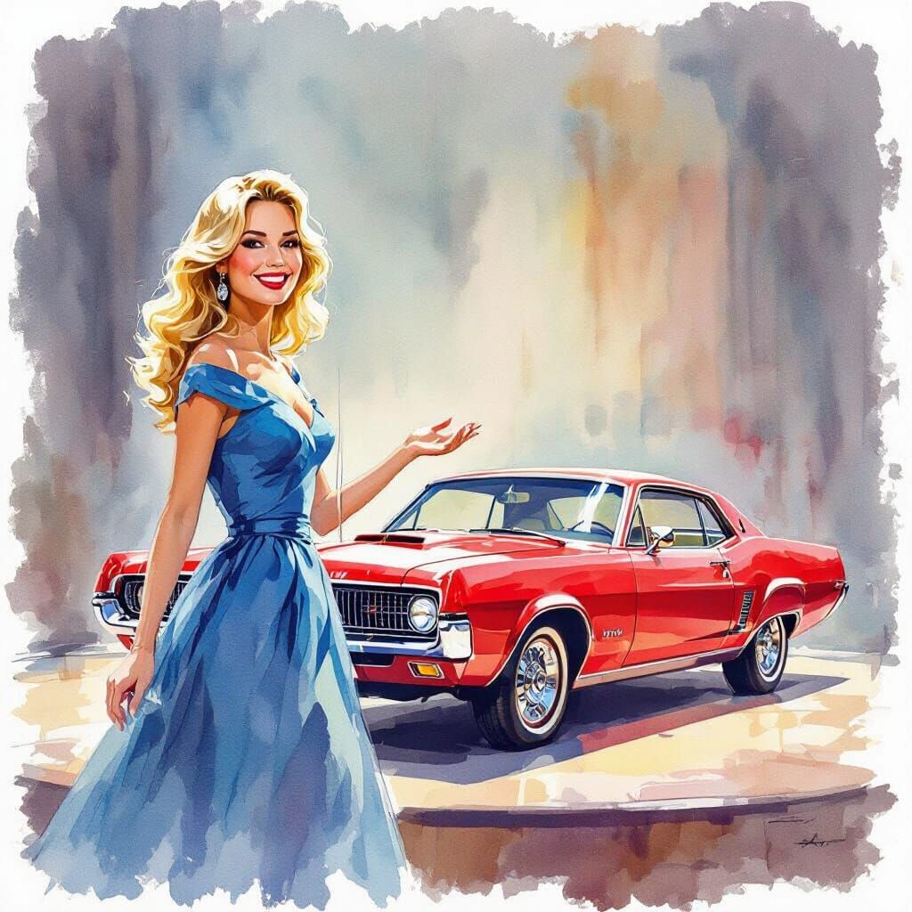 Woman Presents a Classic Car: Watercolor Impressionism