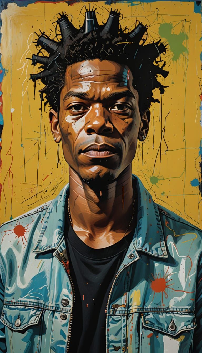 Jean-Michel Basquiat in Vibrant Neo-Expressionist Artistic F...