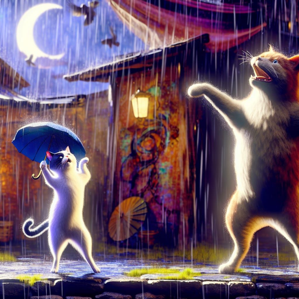 Fantastical Cat and Dog Duet in the Rain