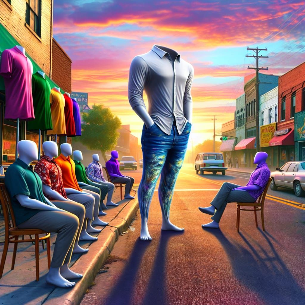 Anthropomorphic Trouser Strut in Surreal Sunrise Scene
