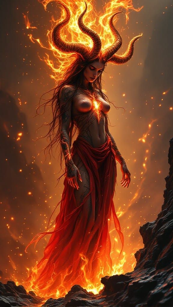 Fiery Goddess of Chaos Erupts from Volcanic Altar