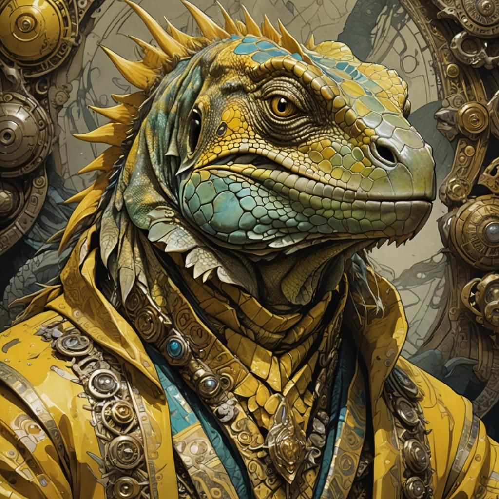 Iguana Sorcerer Portrait in Elaborate Ink Illustration