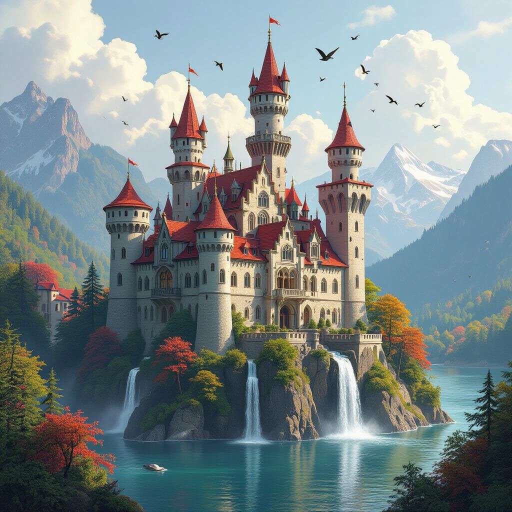 Majestic Castle on Cliff with Waterfalls