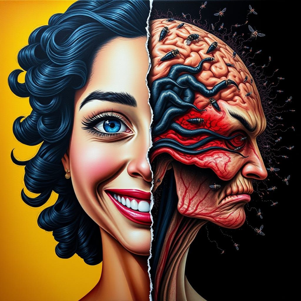 Surreal Split Portrait with Exposed Brain
