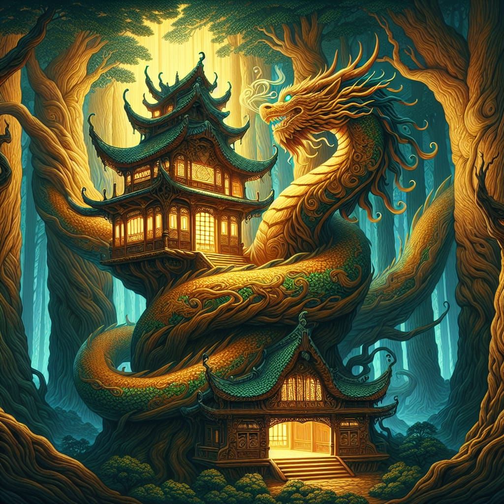 A dragon wraps around a tree with a pagoda in the forest.