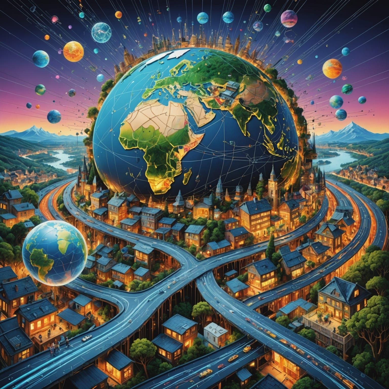 Surreal Internet Landscape Illustration: Data Streams Connec...