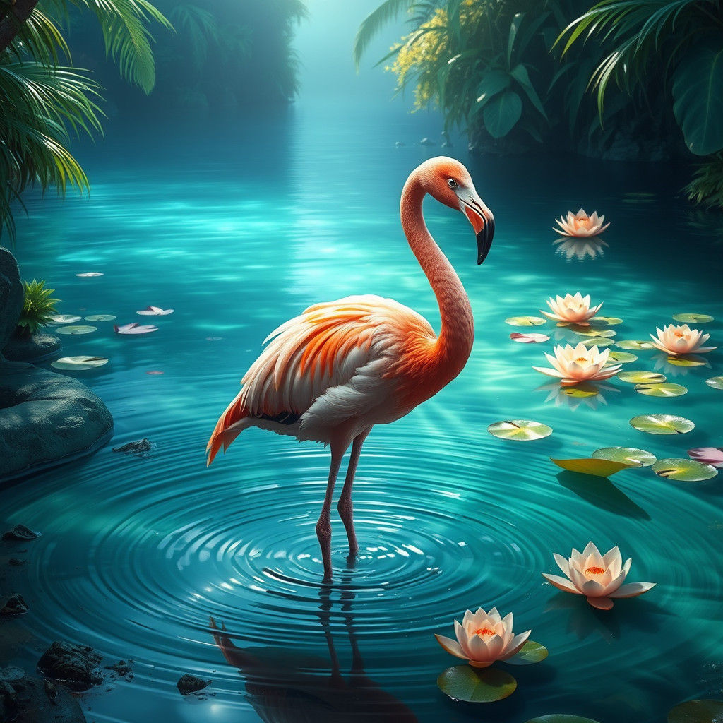 Flamingo in Mystical Lagoon: Digital Matte Painting