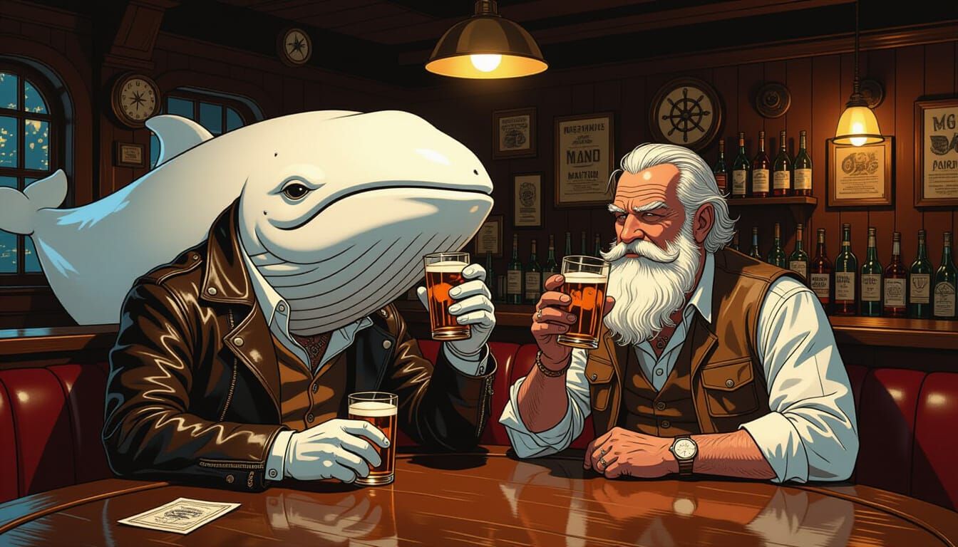 Moby Dick & Ahab Enjoy Drinks at a Nautical Bar