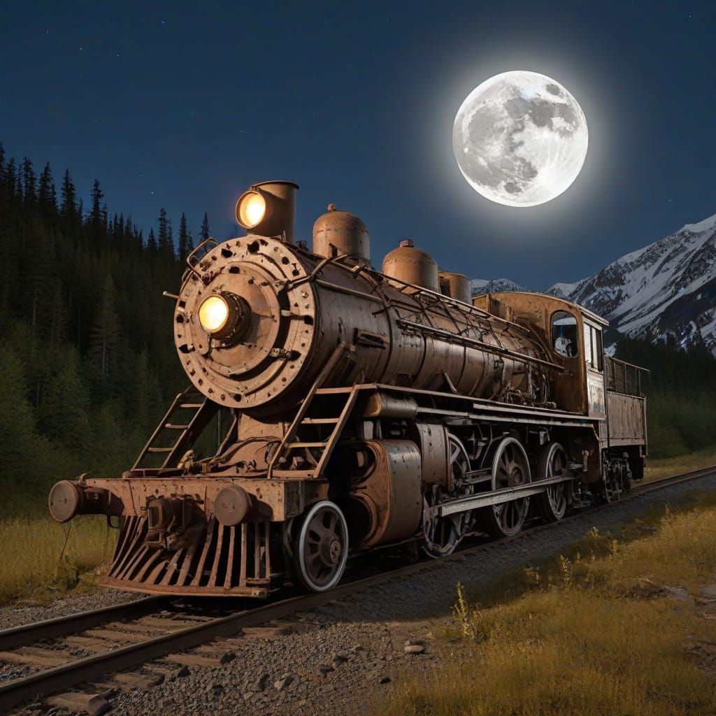 Vintage Locomotive in Alaskan Wilderness Under Full Moon