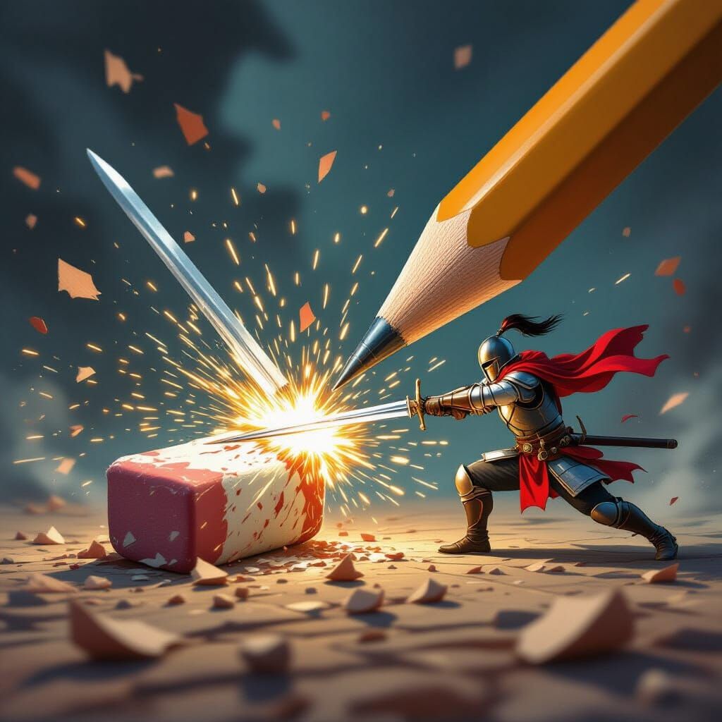 Pencil and Eraser Duel in Hyper-Detailed Fantasy Battle Art