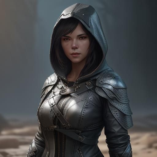 Woman in Chainmail Hood, Hyperdetailed Art Nouveau Portrait