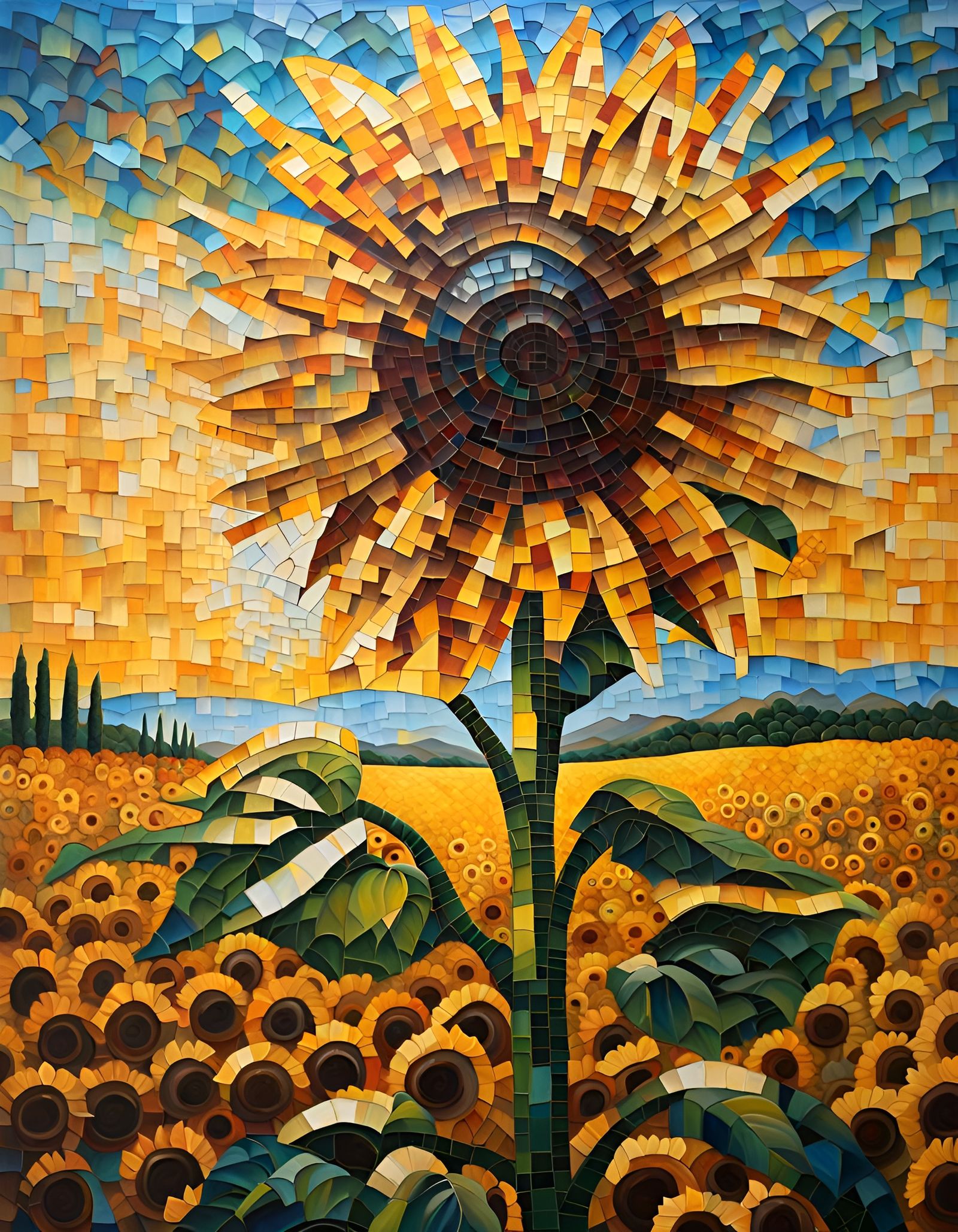 Tuscan Sunflower Field in Expressionist Impasto Style