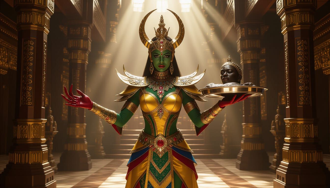 Mantis Lord in Temple with Worshipper's Head, Rembrandt Styl...