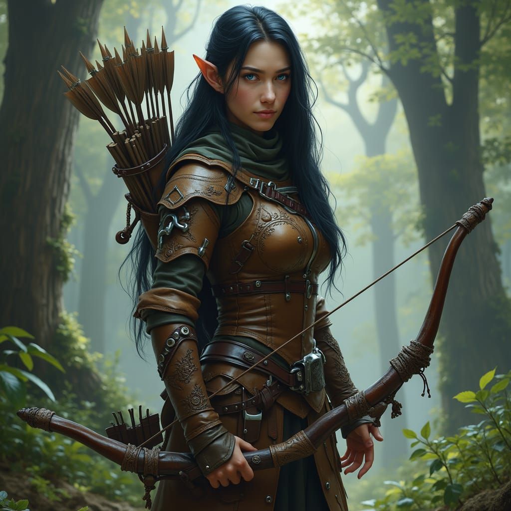 Majestic Elven Archer Stands Guard in Ancient Forest