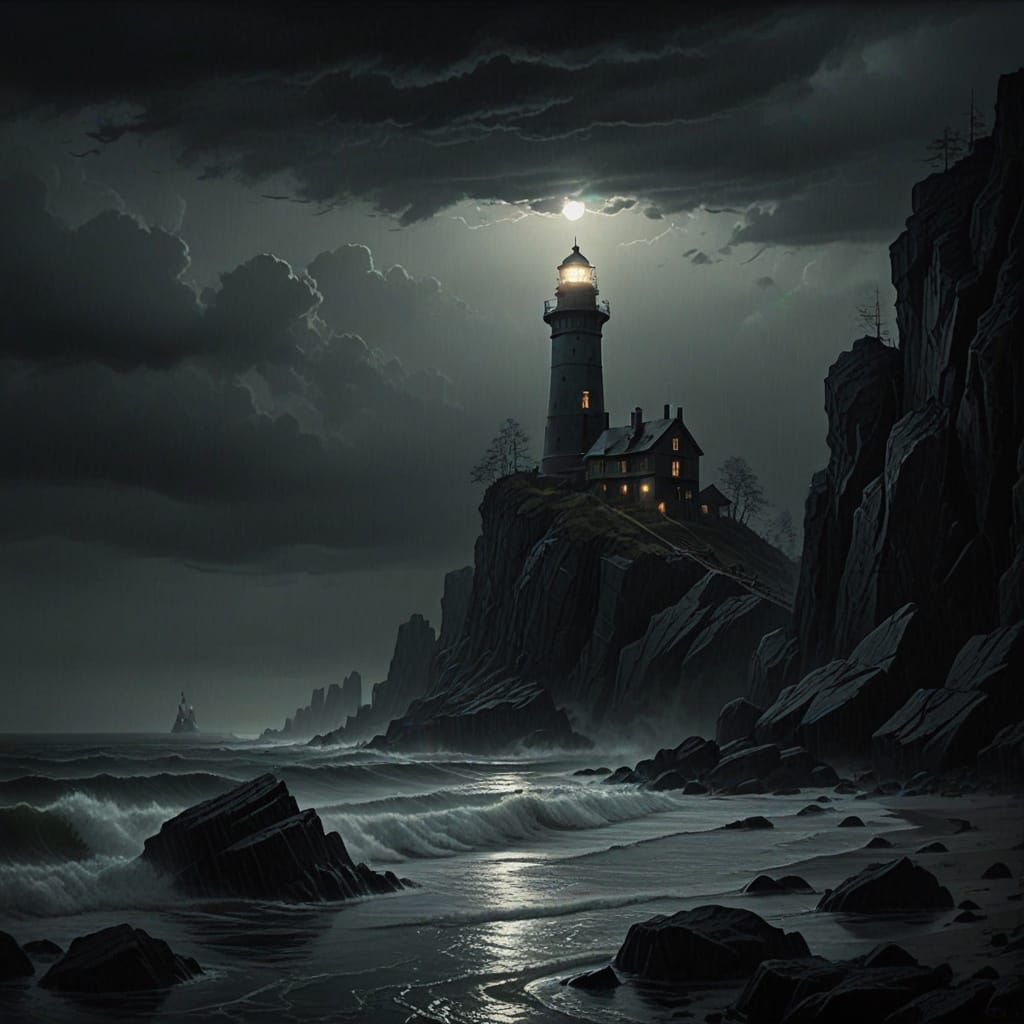 Dark Fantasy Lighthouse in Stormy Seas