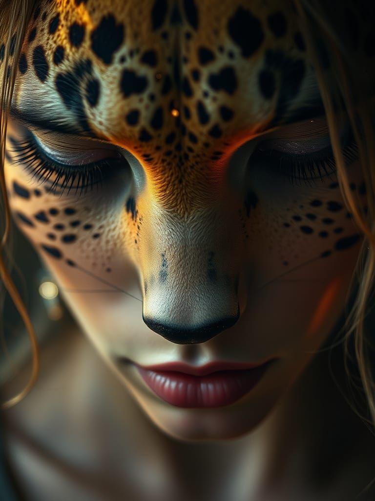 Ethereal Woman with Cheetah Features in Heartbreak
